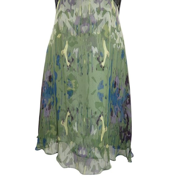 Vessel by Timo  Flowy 100% Silk Green Abstract Print Lace Inset Dress Size 12 - Picture 3 of 12